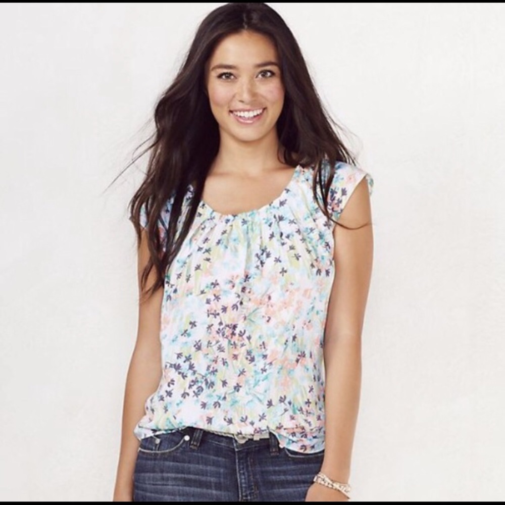 LC Lauren Conrad Pleated Floral Tie-Back Top